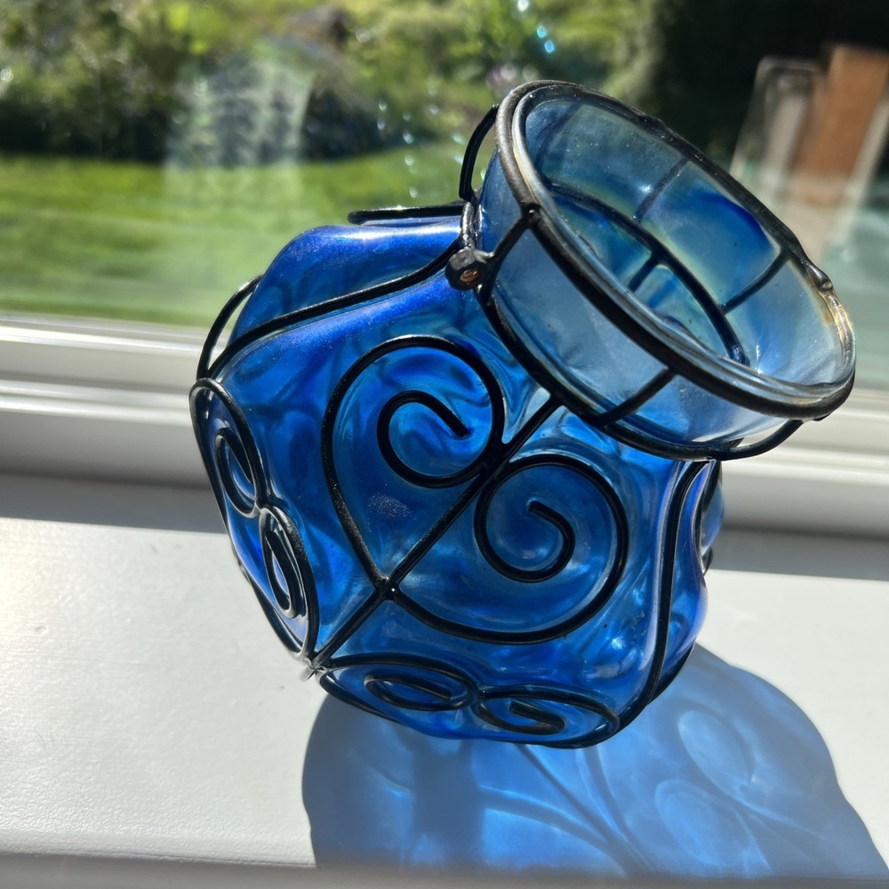 Vintage Moroccan Blue Medium Glass Metal Scrollwork Hanging Candle Lamp Boho MCM